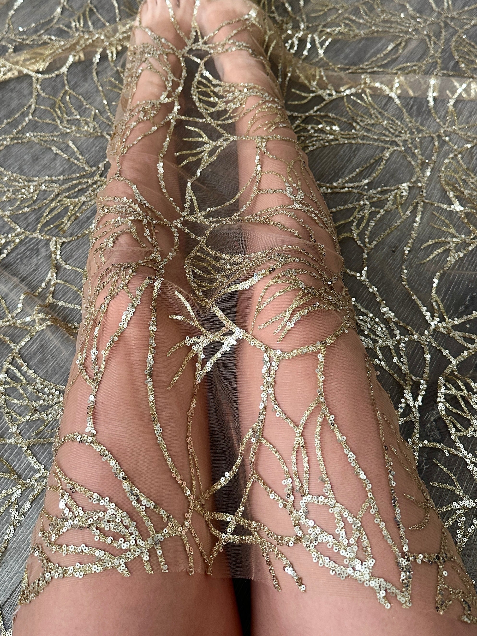 Gold Glitter Branch Design Lace Fabric, Geometric Gold Stretch Lace on Mesh, Shimmer Gold lace for gown, Bridal Lace, Gold Webbed Lace, lace for woman, lace on discount, lace on sale, premium lace fabric, buy lace fabric online