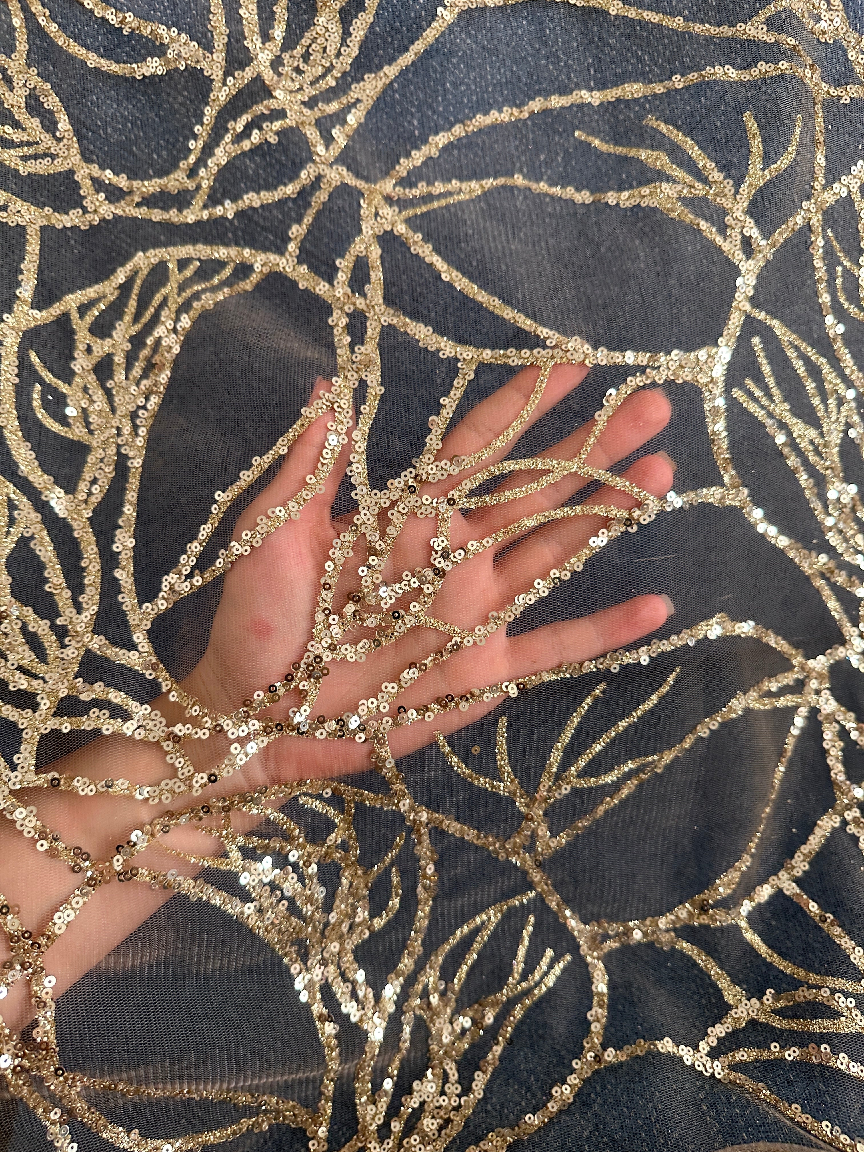 Gold Glitter Branch Design Lace Fabric, Geometric Gold Stretch Lace on Mesh, Shimmer Gold lace for gown, Bridal Lace, Gold Webbed Lace, lace for woman, lace on discount, lace on sale, premium lace fabric, buy lace fabric online