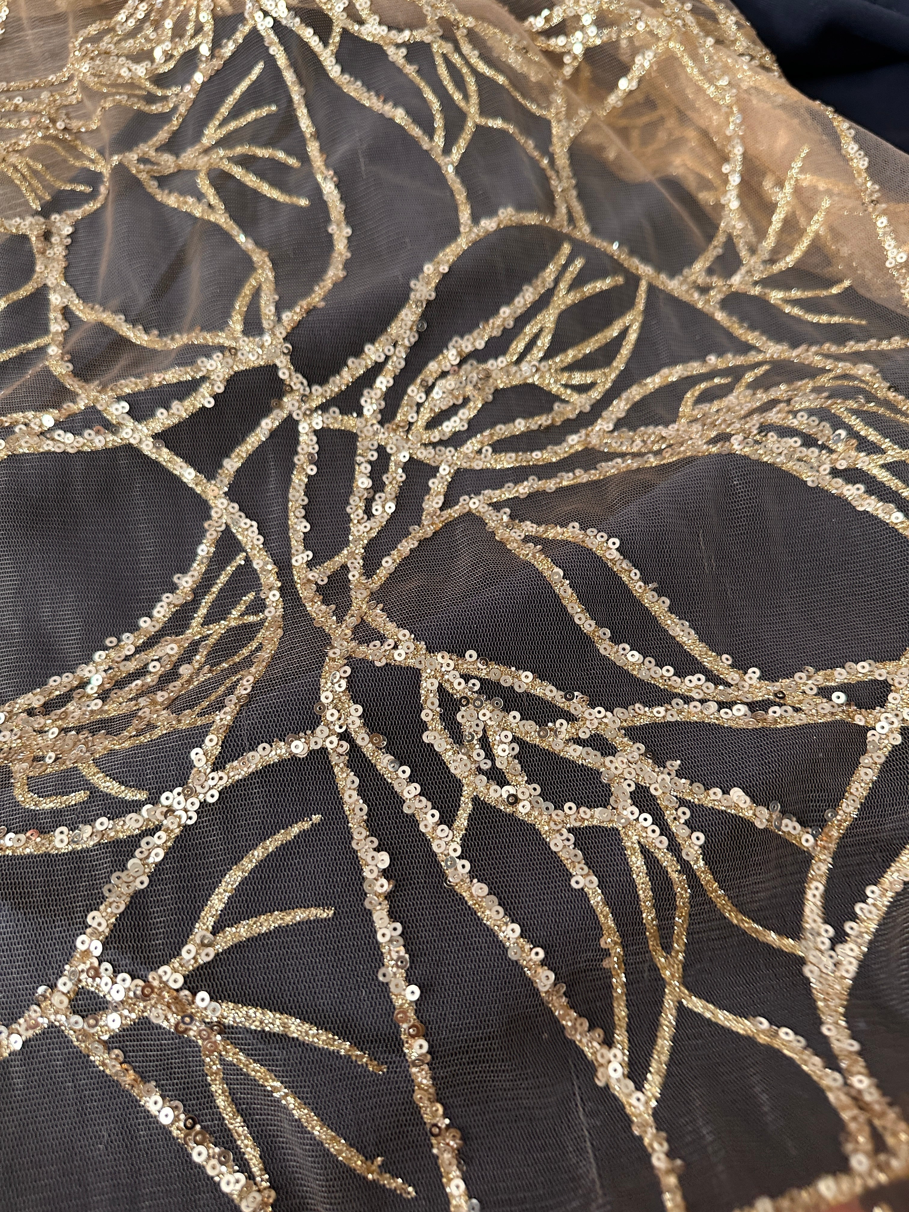 Gold Glitter Branch Design Lace Fabric, Geometric Gold Stretch Lace on Mesh, Shimmer Gold lace for gown, Bridal Lace, Gold Webbed Lace, lace for woman, lace on discount, lace on sale, premium lace fabric, buy lace fabric online