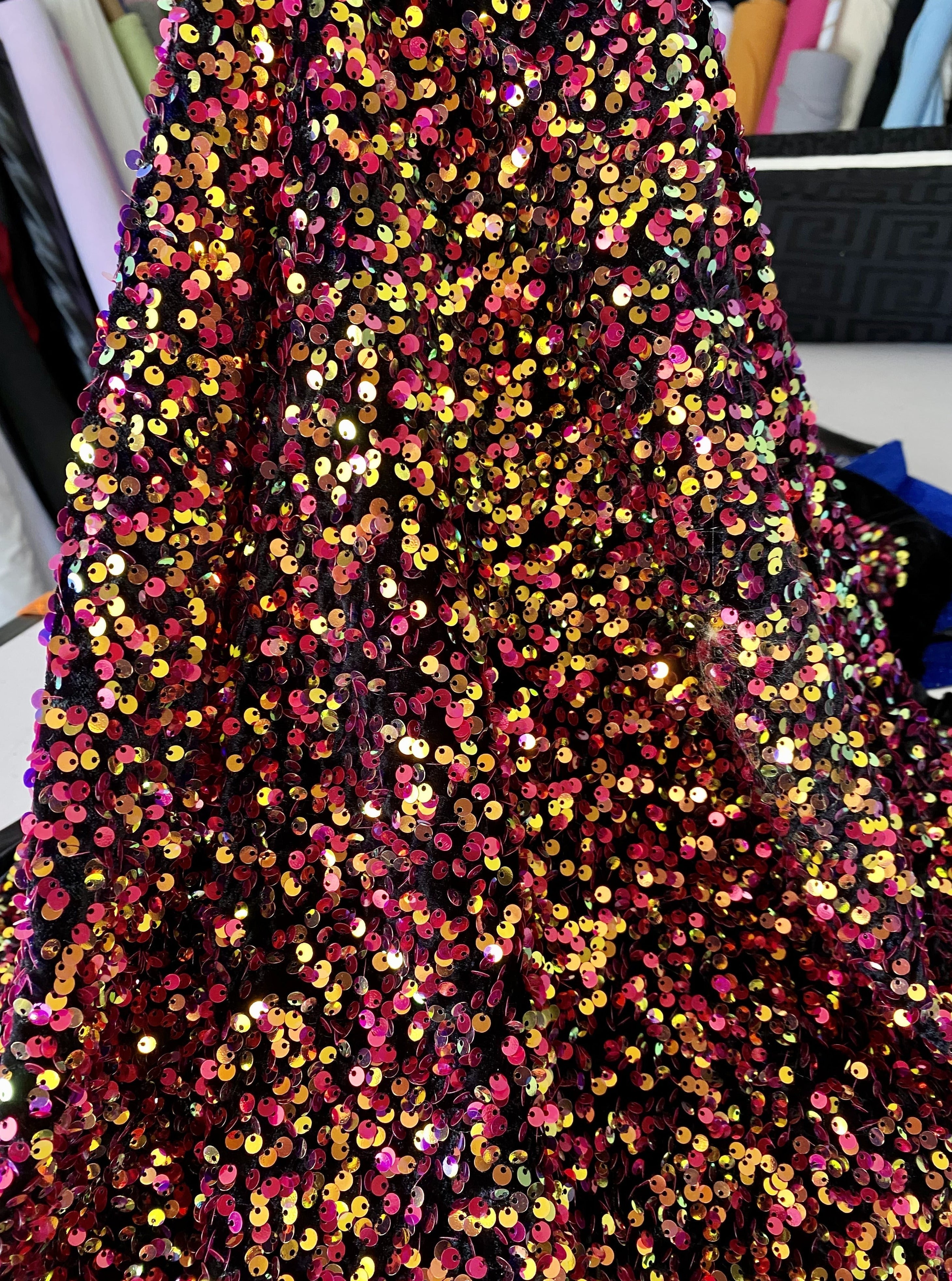 Multicolor Sequin on Velvet, velvet cloth, multicolor velvet, sequin stretch velvet, velvet for gown, stretch velvet, velvet fabric with sequin, solid velvet, multicolor sequin fabric, sequin fabric for gown, 4 way stretch velvet