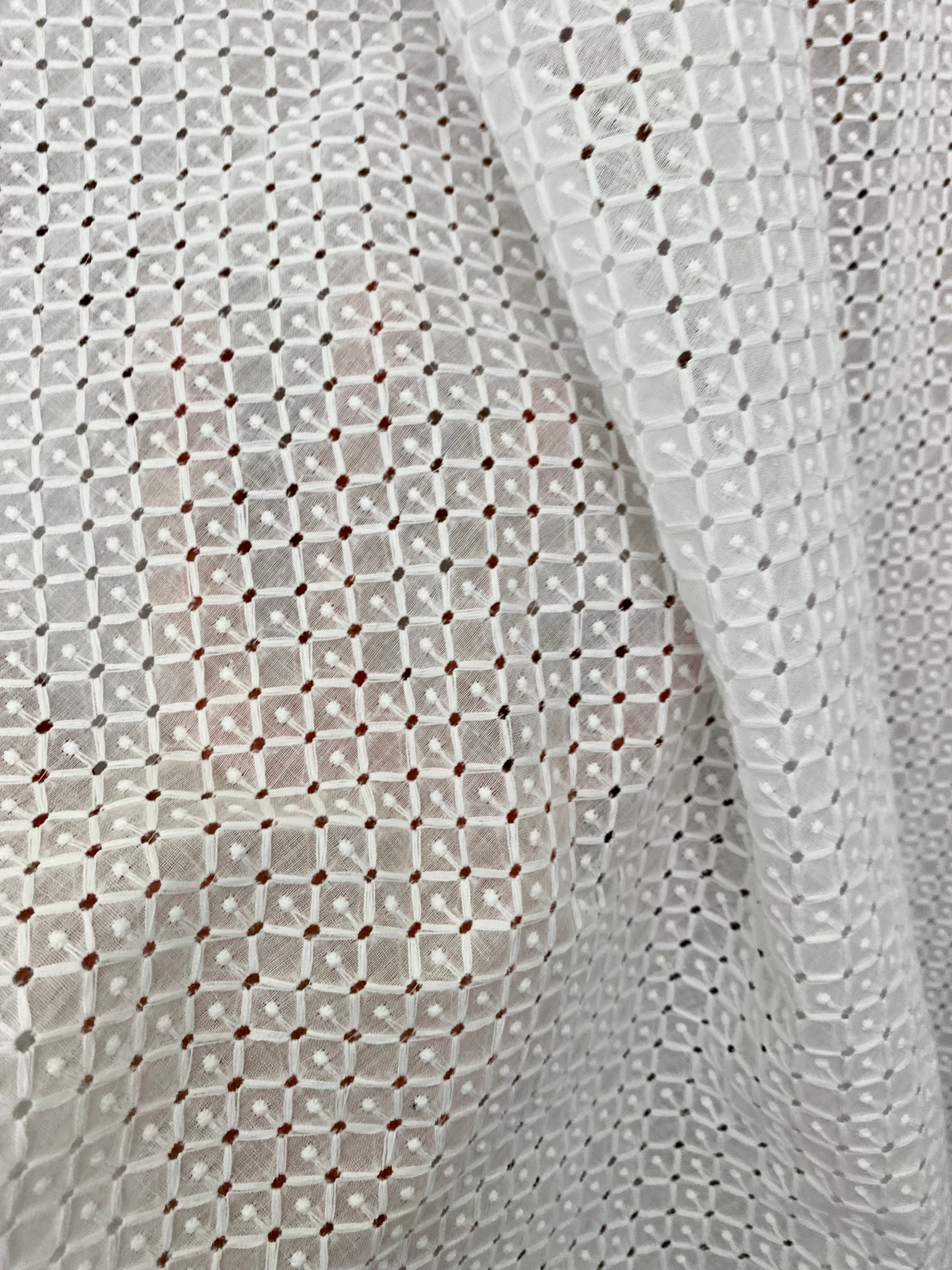 White geometric Cotton Eyelet, cotton eyelets for woman, off white cotton eyelets, milky white cotton eyelets, cotton eyelet in low price, premium cotton eyelets, kiki textile cotton eyelets