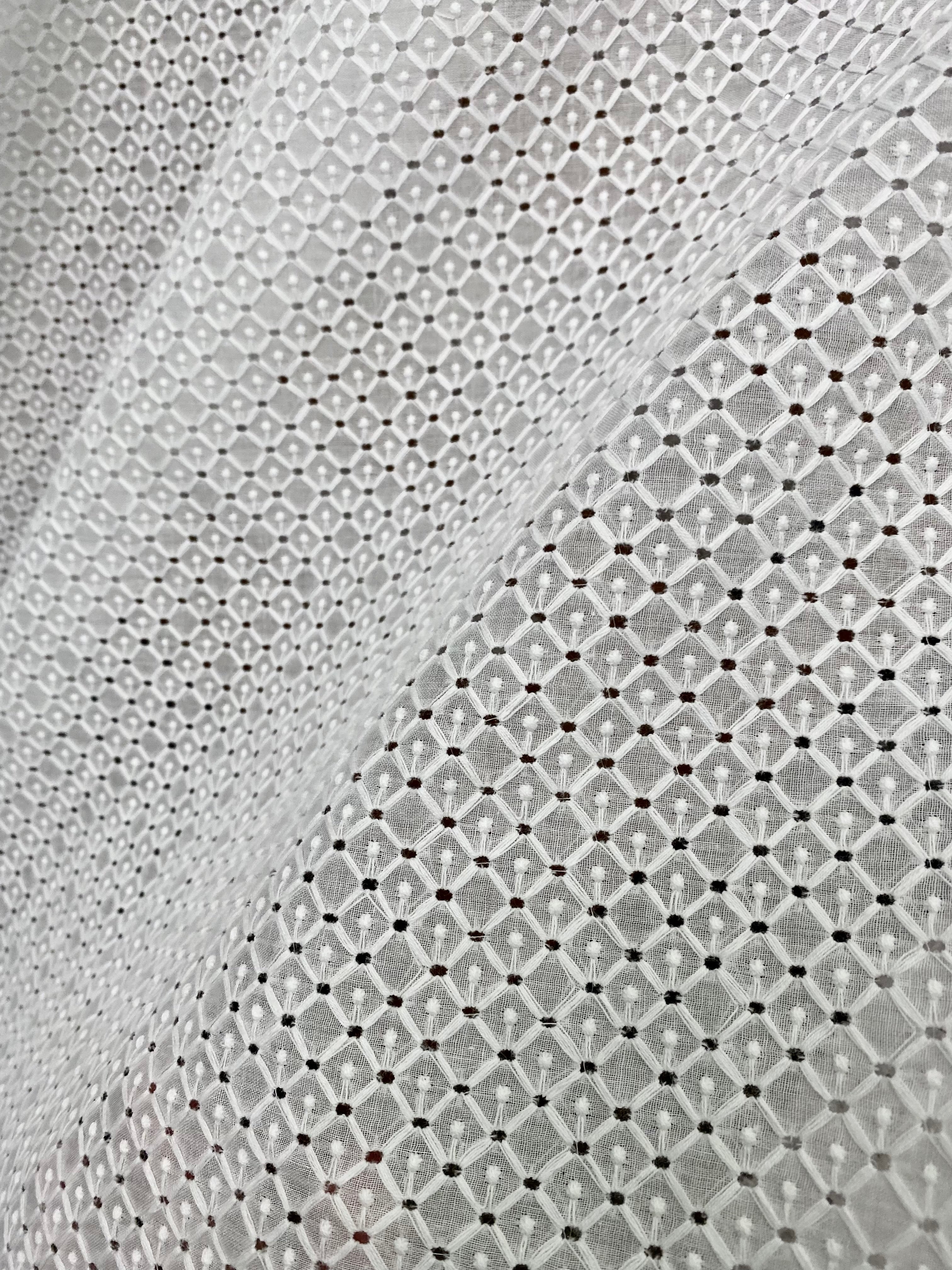 White geometric Cotton Eyelet, cotton eyelets for woman, off white cotton eyelets, milky white cotton eyelets, cotton eyelet in low price, premium cotton eyelets, kiki textile cotton eyelets