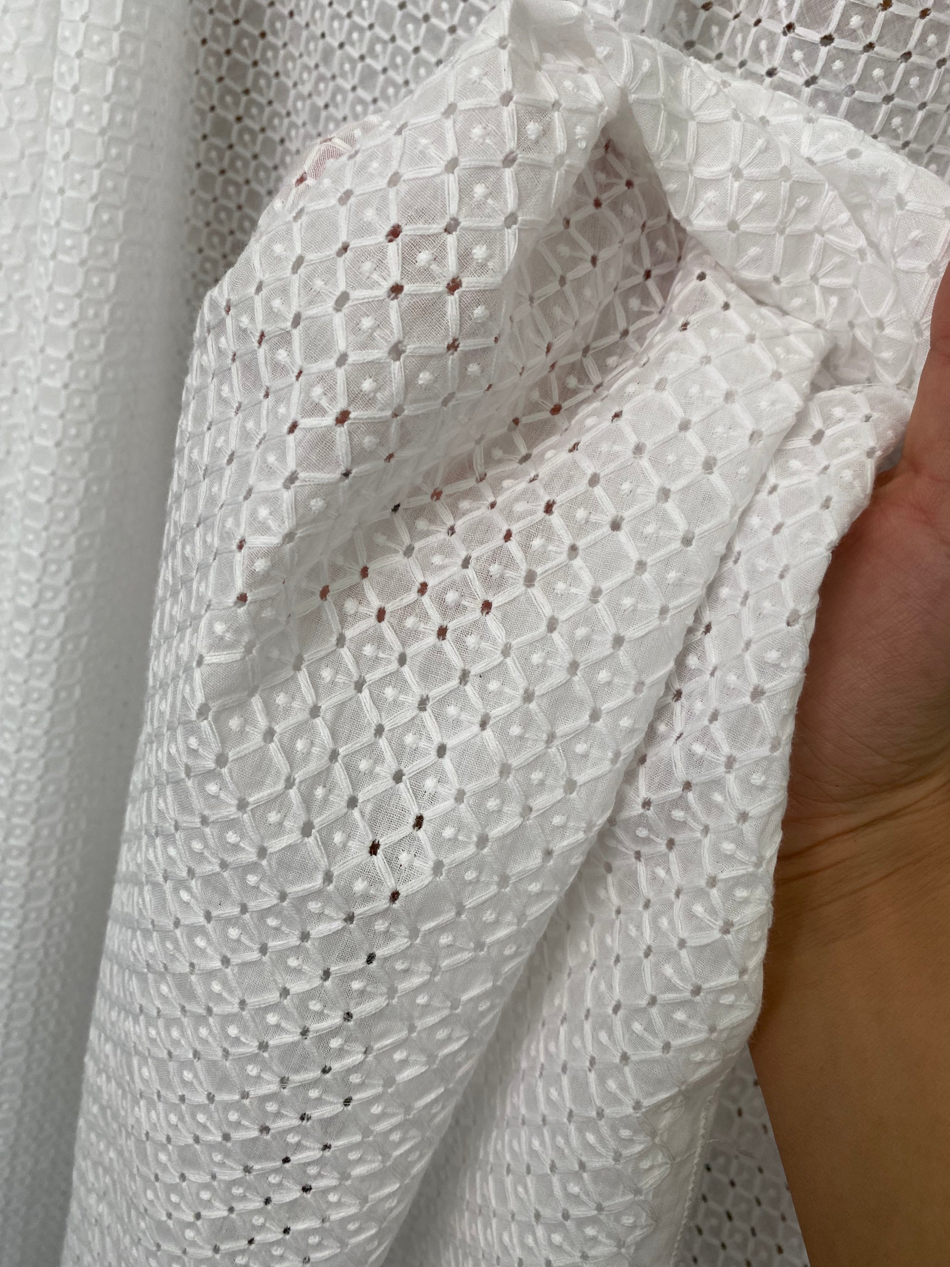 White geometric Cotton Eyelet, cotton eyelets for woman, off white cotton eyelets, milky white cotton eyelets, cotton eyelet in low price, premium cotton eyelets, kiki textile cotton eyelets