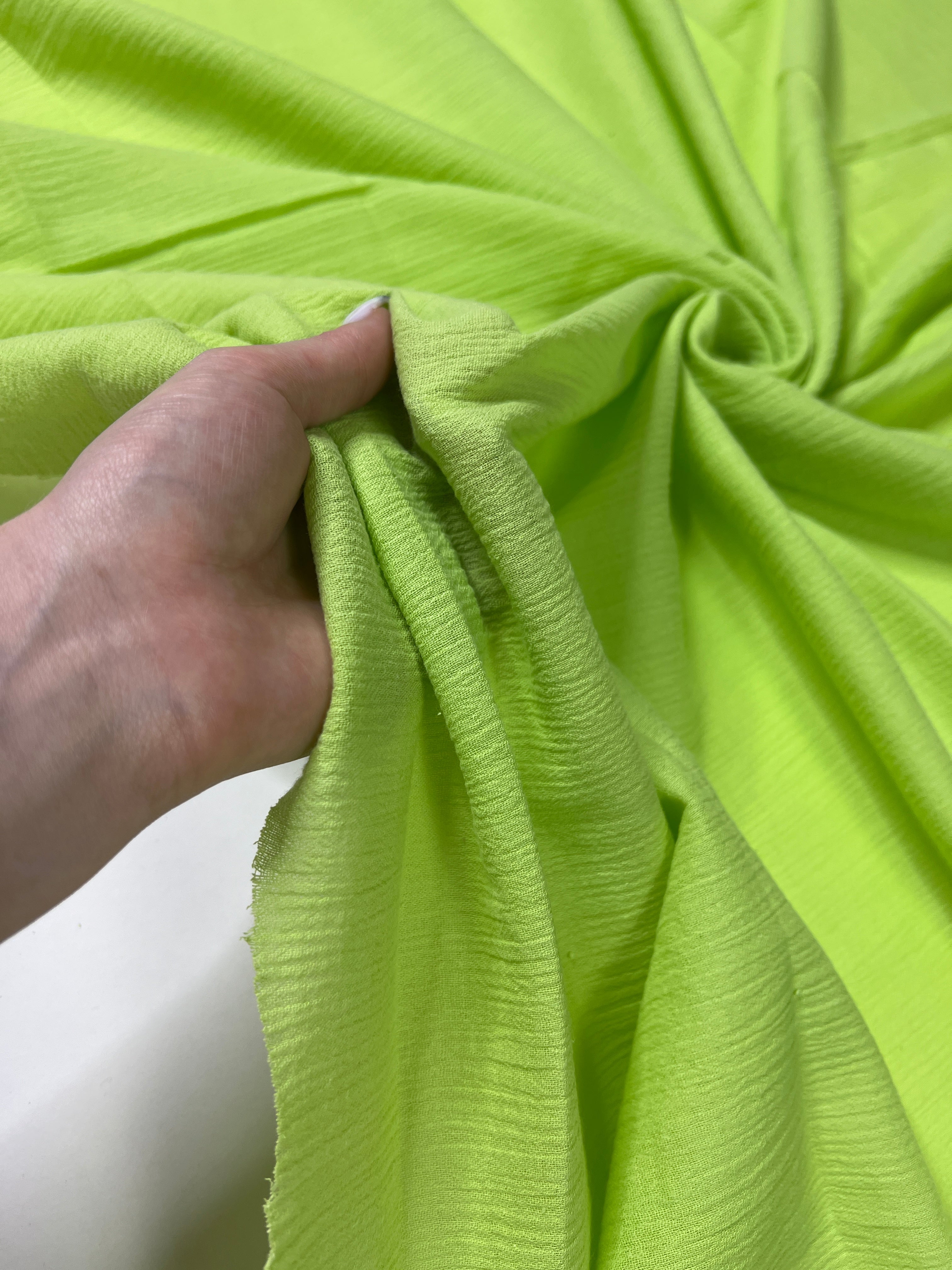 neon green cotton gauze, neon crinkle gauze, crinkle cotton gauze, muslin fabric green, neon textured crinkle gauze