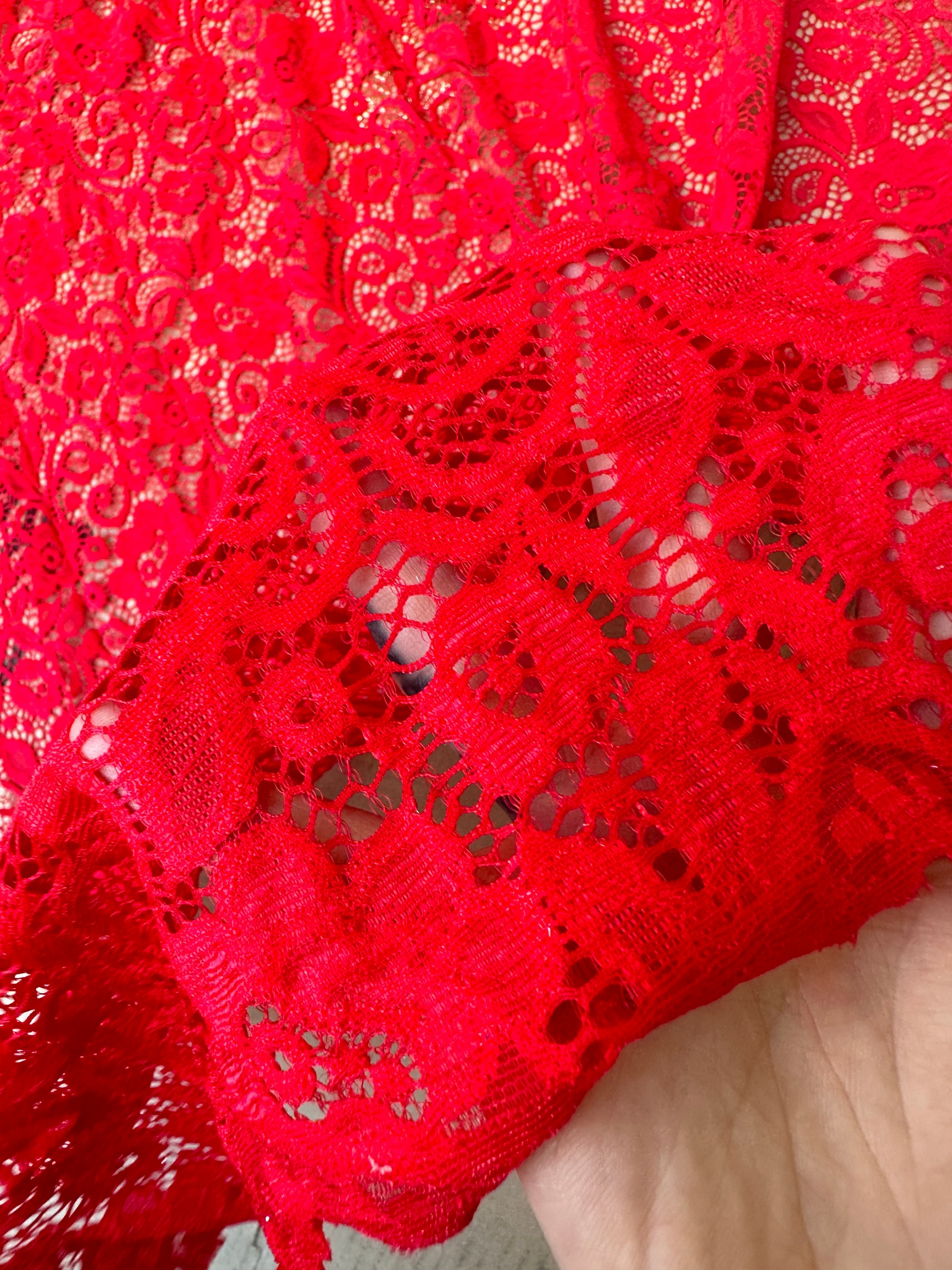 Red nylon lace, 4 way stretch lace, lace for bridal dress, red lace for woman, bridal lace design, best quality lace, buy lace online, lace for gown, lace for dress, discounted lace, best quality lace
