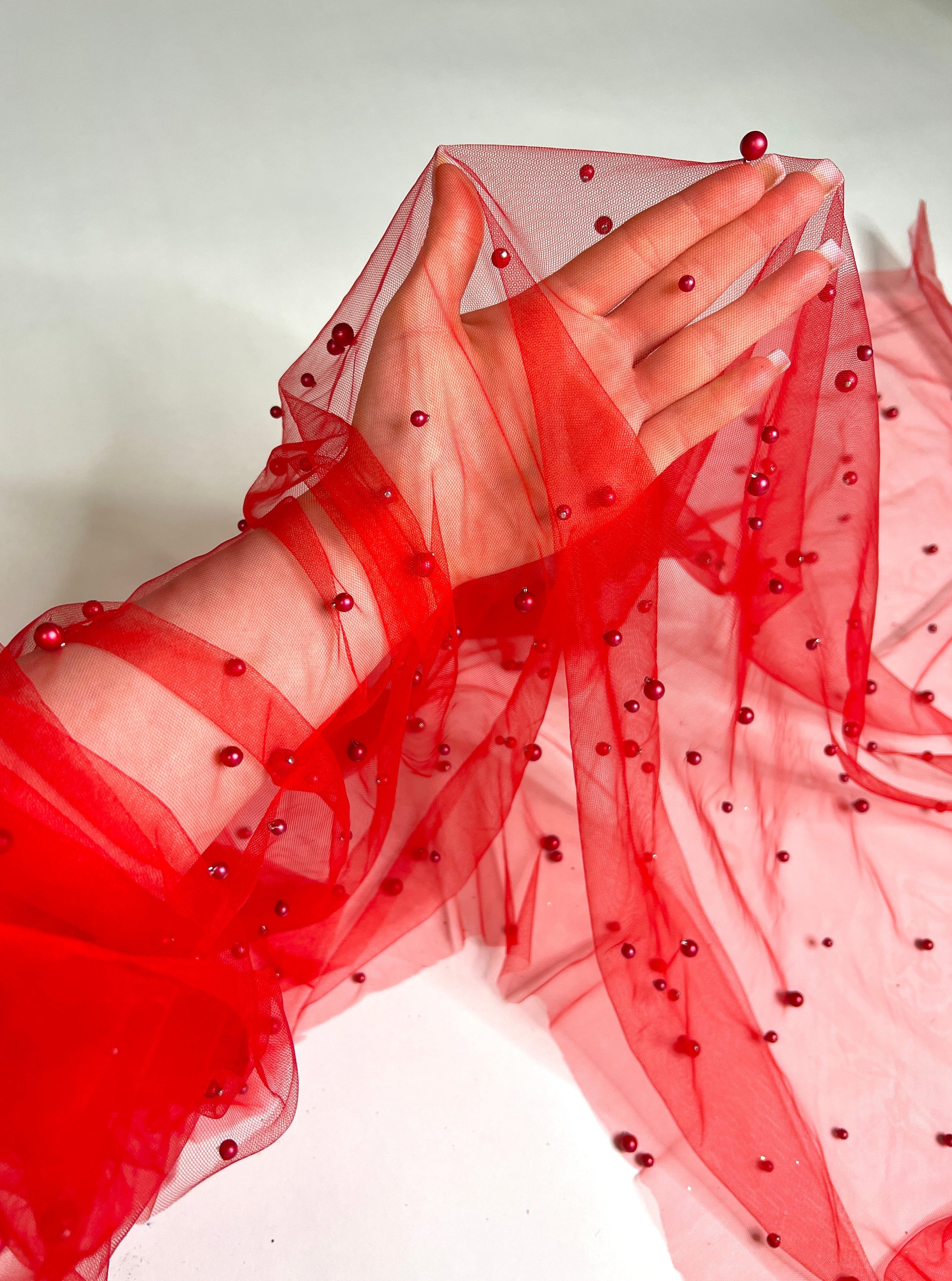 red glitter Pearl Tulle, dark red pearl Tulle, light red pearl tulle, chilli red Pearl Tulle for party wear, red Pearl Tulle for dress, Pearl Tulle for woman, Pearl Tulle for bride, Pearl Tulle on discount, Pearl Tulle on sale, premium Pearl Tulle, buy Pearl Tulle online
