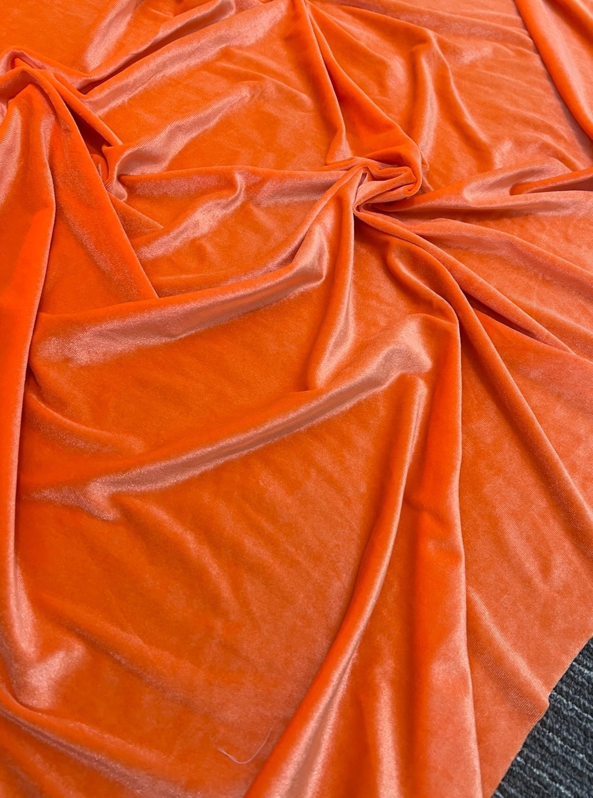 orange stretch velvet, orange velvet for dress, bright orange velvet, fanta color velvet, tangerine color velvet, luxury velvet, kiki textiles, velvet store usa, fabric store los angeles, soft velvet, bridal velvet, 4 way stretch velvet