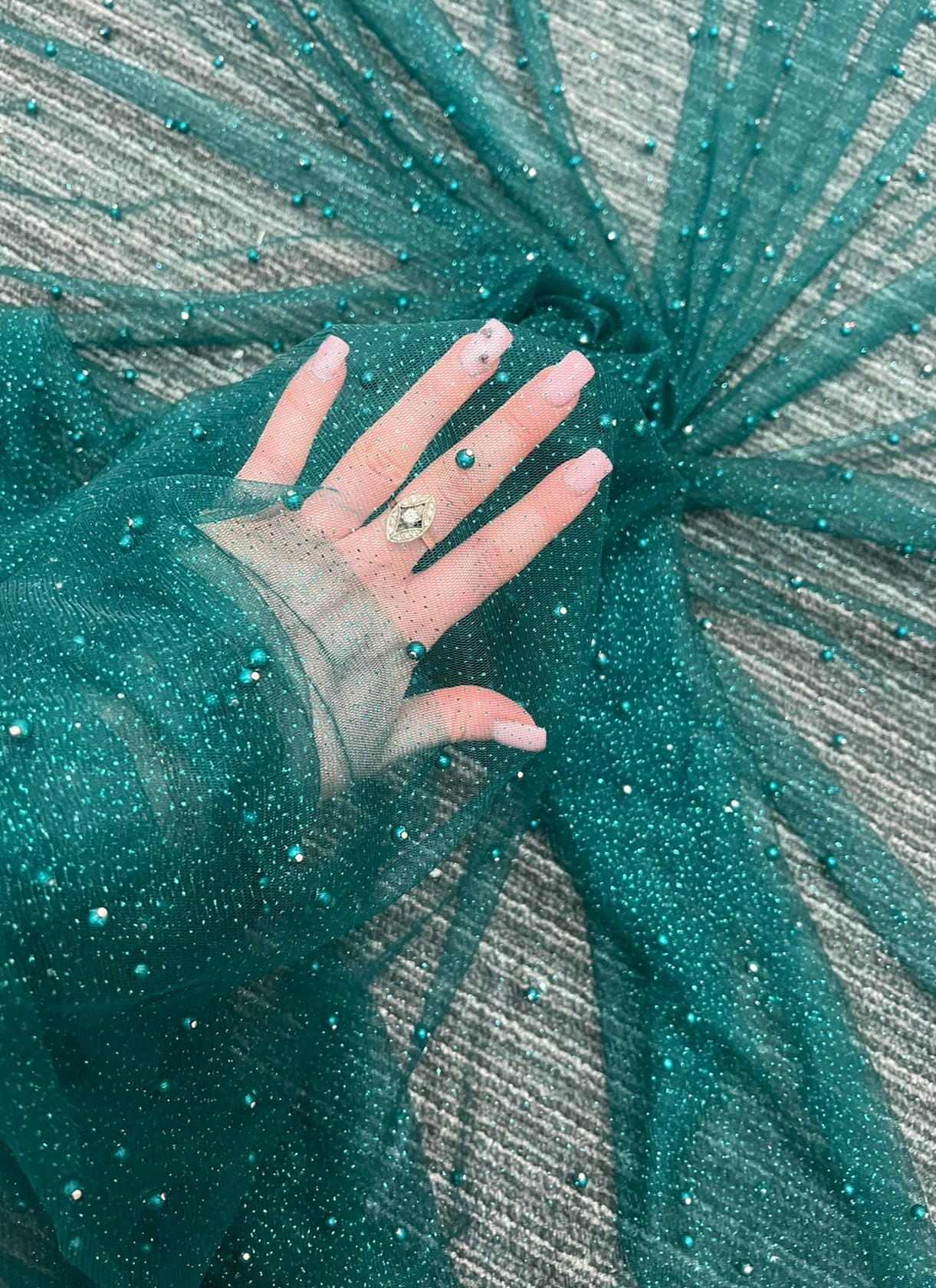 teal Pearl Tulle, deep teal pearl Tulle, teal green pearl tulle, teal  Pearl Tulle for party wear, shinny Pearl Tulle, Pearl Tulle for woman, Pearl Tulle for bride, Pearl Tulle on discount, Pearl Tulle on sale, premium Pearl Tulle, buy Pearl Tulle online