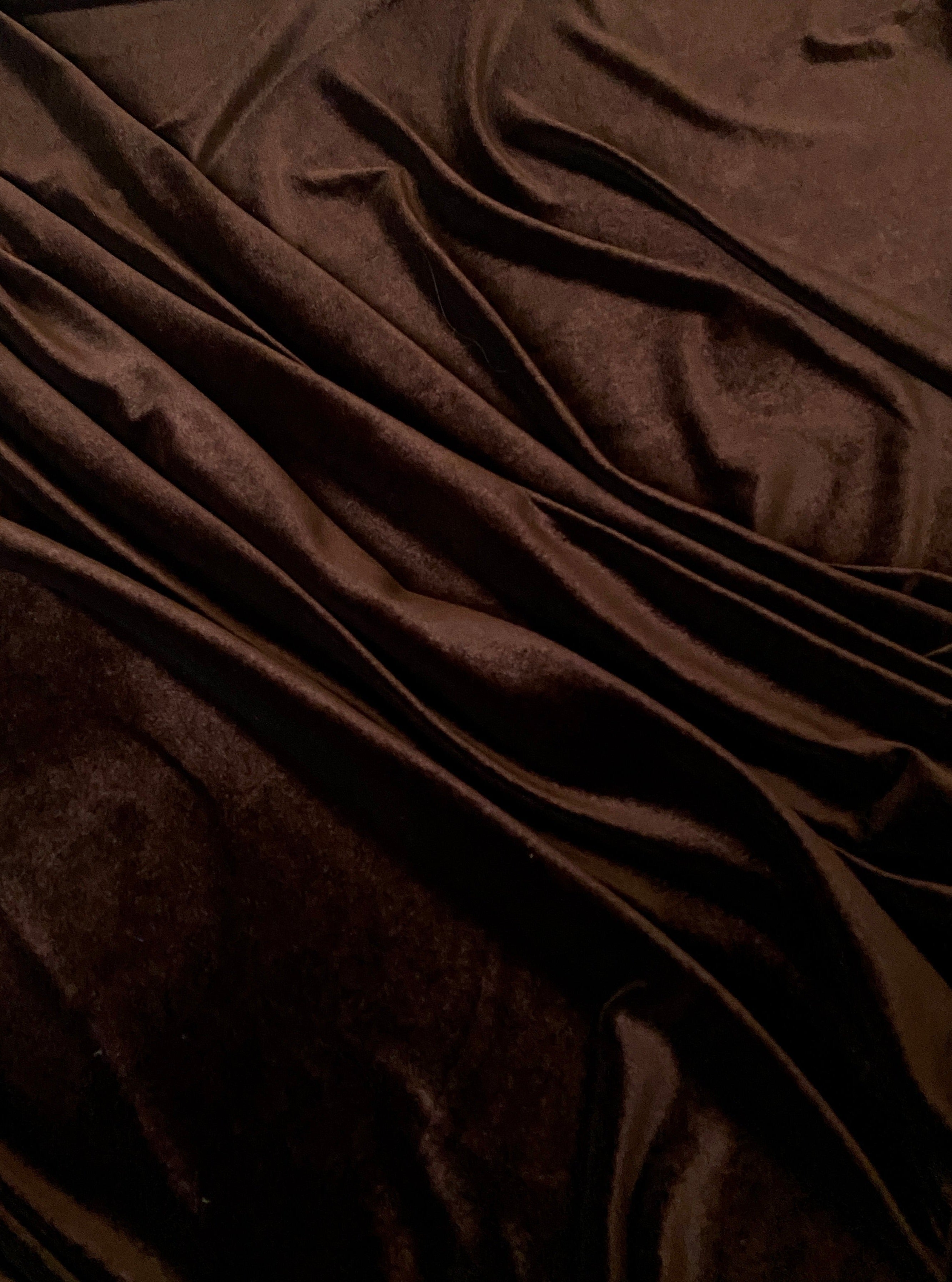 chocolate brown velvet fabric, 4 way stretch velvet fabric, solid velvet fabric, velvet fabric for clothing, fabric store, velvet cheap, stretch velvet on sale, brown velvet, dark brown velvet fabric