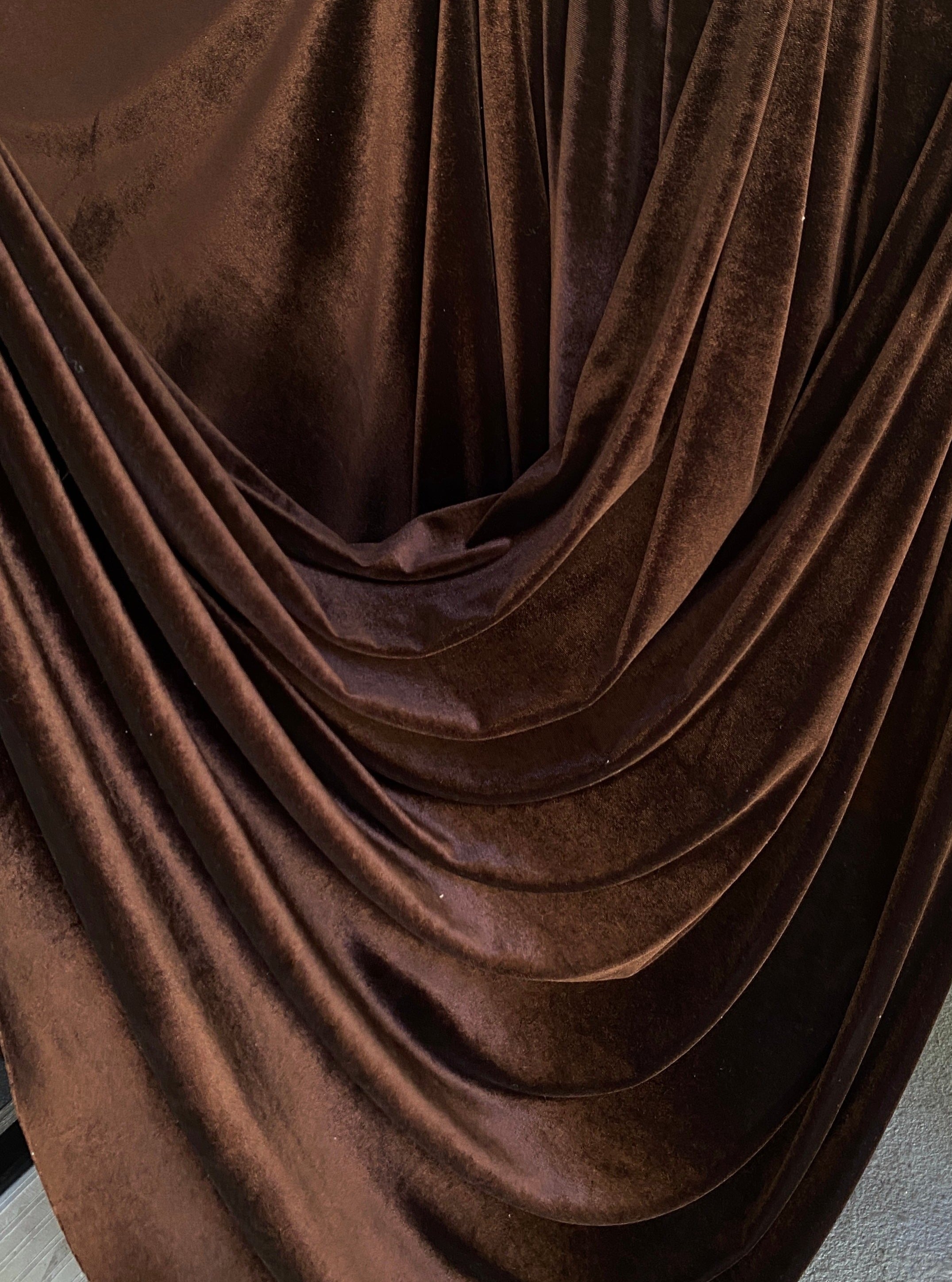 chocolate brown velvet fabric, 4 way stretch velvet fabric, solid velvet fabric, velvet fabric for clothing, fabric store, velvet cheap, stretch velvet on sale, brown velvet, dark brown velvet fabric