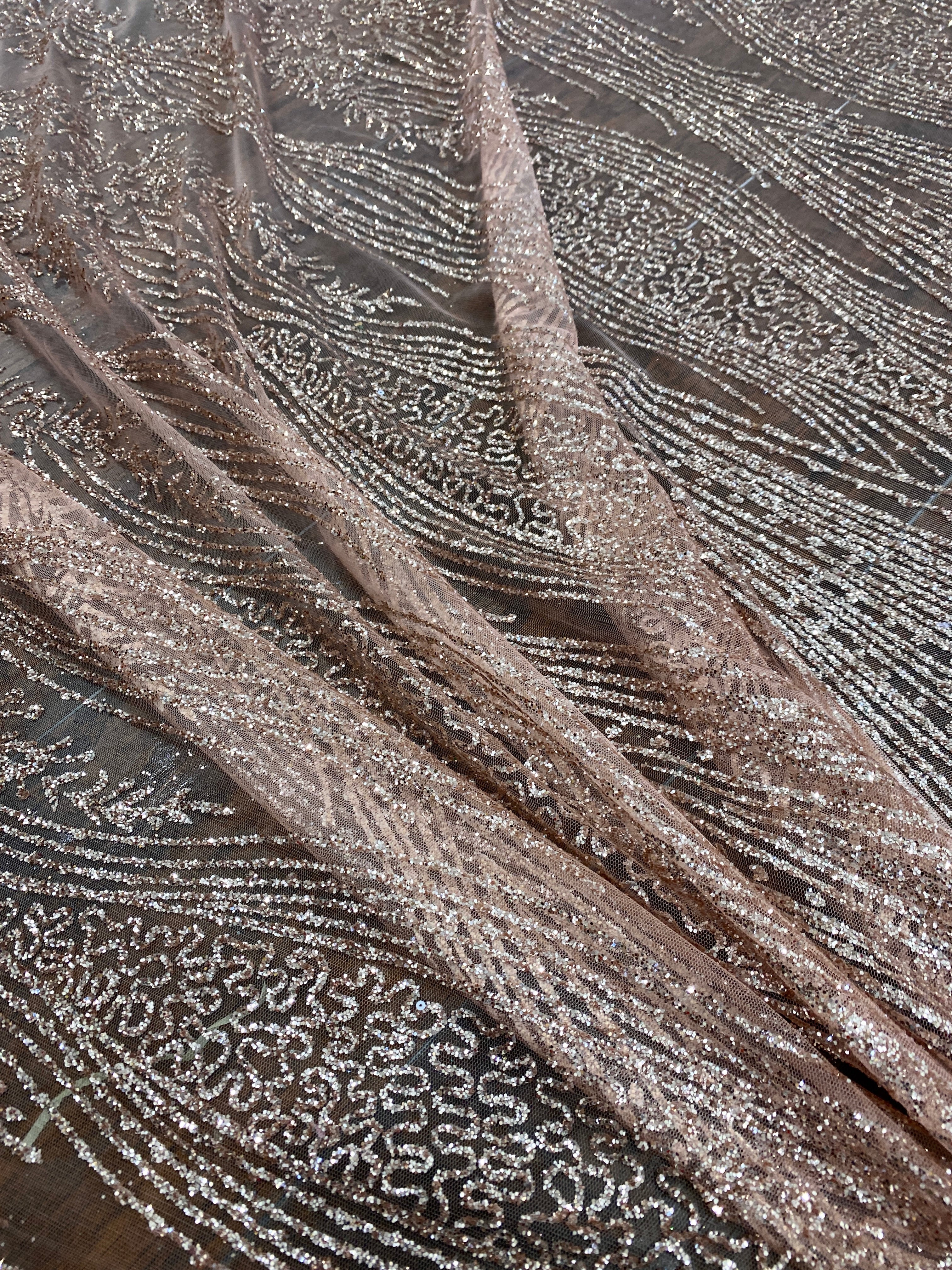 Rose Gold Lace Glitter on Mesh, gold lace Glitter, light brown Lace, dusty gold lace for woman, lace for bride,  lace on discount, lace on sale, premium lace, kiki textile lace, lace for party wear dresses, lace on mesh