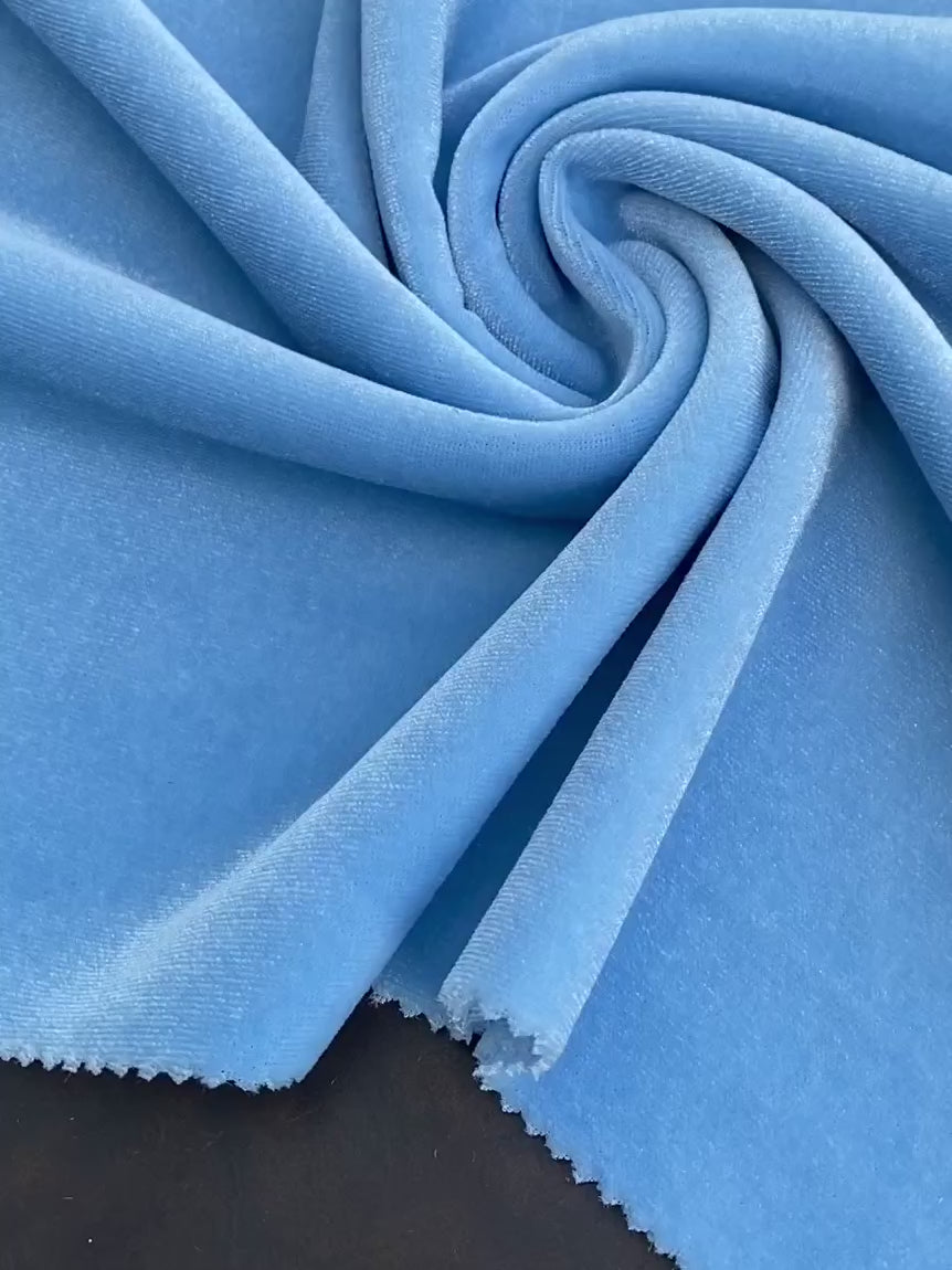 baby blue stretch velvet, blue stretch velvet for gown, stretch velvet for wedding, stretch pure velvet, blue stretch velvet for brides, stretch fancy velvet, velvet for dress, stretch expensive velvet