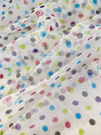 Multicolor Polka Dot Tulle Fabric, Rainbow Polka Dot Tulle Mesh , White Stretch dot mesh tulle by yard, colorfull dot tulle , Girl dress fabric, polka dot tulle for woman, premium polka dot tulle, buy tulle online, tulle on sale, tulle on discount, tulle for gown