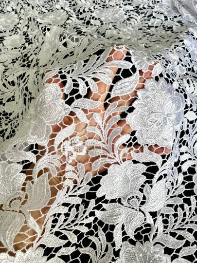  White Floral Embroidered Guipure, off white Embroidered Guipure, Bridal Embroidered Guipure, Embroidered Guipure, Floral Lace double edged, lace fabric on discount, Embroidered Guipure on sale, premium Embroidered Guipure, buy Embroidered Guipure online