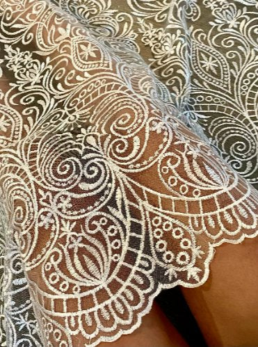 White Embroidered Lace, off white Embroidered Lace for gown, Bridal Lace Fabric, Scalloped lace, Floral Lace double edged, lace fabric on discount, lace fabric on sale, premium lace fabric, buy lace fabric online, glitter lace fabric