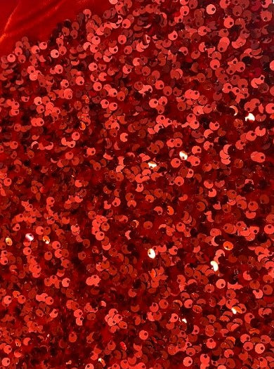 Red All Over Sequins Velvet Fabric. Red Sequin on Stretch Velvet