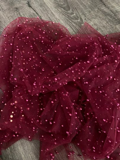 burgundy Pearl Tulle, red pearl Tulle, maroon pearl Tulle, dark pink Pearl Tulle, shinny Pearl Tulle, Pearl Tulle for woman, Pearl Tulle for bride, Pearl Tulle on discount, Pearl Tulle on sale, premium Pearl Tulle, buy Pearl Tulle online