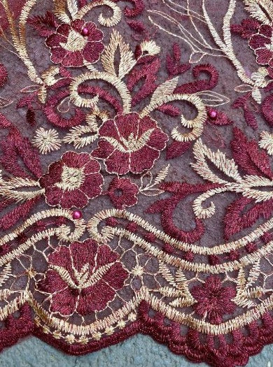  burgundy Embroidered Lace, dark red Embroidered Lace, maroon embroidered Lace, Embroidered Lace for woman, Embroidered Lace for bride, Embroidered Lace in low price, Embroidered Lace on sale, premium Embroidered Lace