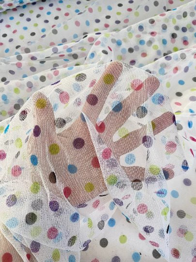 Multicolor Polka Dot Tulle Fabric, Rainbow Polka Dot Tulle Mesh , White Stretch dot mesh tulle by yard, colorfull dot tulle , Girl dress fabric, polka dot tulle for woman, premium polka dot tulle, buy tulle online, tulle on sale, tulle on discount, tulle for gown