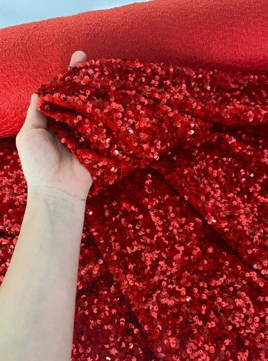 Red Sequin on Velvet, velvet cloth, red velvet, sequin stretch velvet, velvet for gown, stretch velvet, velvet fabric with sequin, solid velvet, red sequin fabric, sequin fabric for gown, 4 way stretch velvet