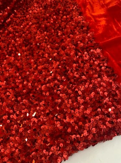 Red Sequin on Velvet, velvet cloth, red velvet, sequin stretch velvet, velvet for gown, stretch velvet, velvet fabric with sequin, solid velvet, red sequin fabric, sequin fabric for gown, 4 way stretch velvet