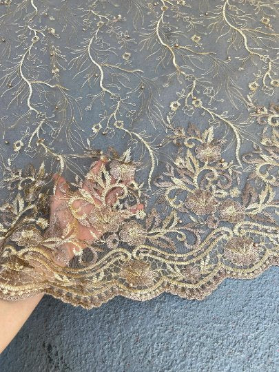 Gold Floral Embroidered Lace, dusty gold Embroidered Lace for gown, Bridal Lace Fabric, Scalloped lace, Floral Lace double edged, lace fabric on discount, lace fabric on sale, premium lace fabric, buy lace fabric online, glitter lace fabric