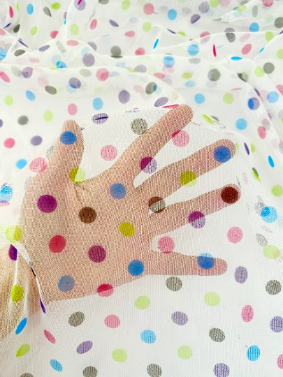 Multicolor Polka Dot Tulle Fabric, Rainbow Polka Dot Tulle Mesh , White Stretch dot mesh tulle by yard, colorfull dot tulle , Girl dress fabric, polka dot tulle for woman, premium polka dot tulle, buy tulle online, tulle on sale, tulle on discount, tulle for gown