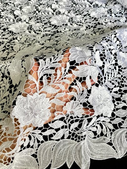  White Floral Embroidered Guipure, off white Embroidered Guipure, Bridal Embroidered Guipure, Embroidered Guipure, Floral Lace double edged, lace fabric on discount, Embroidered Guipure on sale, premium Embroidered Guipure, buy Embroidered Guipure online