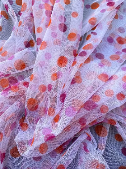 pink orange pola dot tulle, Multicolor Polka Dot Tulle Fabric, Rainbow Polka Dot Tulle Mesh , White Stretch dot mesh tulle by yard, Pink dot tulle , Girl dress fabric, polka dot tulle for woman, premium polka dot tulle, buy tulle online, tulle on sale, tulle on discount