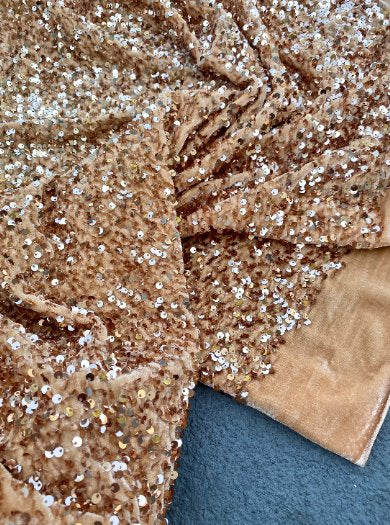 rose gold Sequin on Velvet, light brown sequin on velvet, dusty gold sequin on velvet, gold sequin on velvet, velvet on discount, velvet on sale, buy velvet online, kikitextile velvet, premium velvet, velvet for gown, velvet for woman, velvet for bride