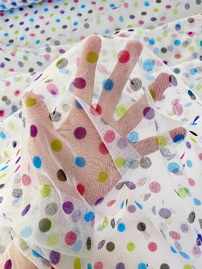 Multicolor Polka Dot Tulle Fabric, Rainbow Polka Dot Tulle Mesh , White Stretch dot mesh tulle by yard, colorfull dot tulle , Girl dress fabric, polka dot tulle for woman, premium polka dot tulle, buy tulle online, tulle on sale, tulle on discount, tulle for gown