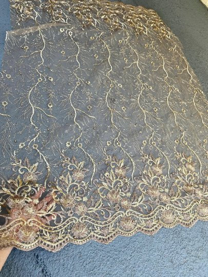 Gold Floral Embroidered Lace, dusty gold Embroidered Lace for gown, Bridal Lace Fabric, Scalloped lace, Floral Lace double edged, lace fabric on discount, lace fabric on sale, premium lace fabric, buy lace fabric online, glitter lace fabric