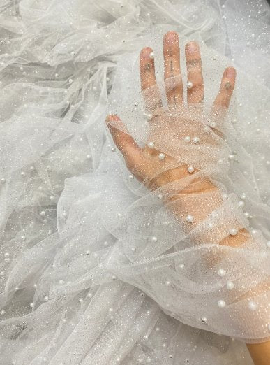 white glitter Pearl Tulle, bright white pearl Tulle, off white pearl tulle, milky white Pearl Tulle for party wear, white Pearl Tulle for dress, Pearl Tulle for woman, Pearl Tulle for bride, Pearl Tulle on discount, Pearl Tulle on sale, premium Pearl Tulle, buy Pearl Tulle online