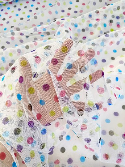 Multicolor Polka Dot Tulle Fabric, Rainbow Polka Dot Tulle Mesh , White Stretch dot mesh tulle by yard, colorfull dot tulle , Girl dress fabric, polka dot tulle for woman, premium polka dot tulle, buy tulle online, tulle on sale, tulle on discount, tulle for gown