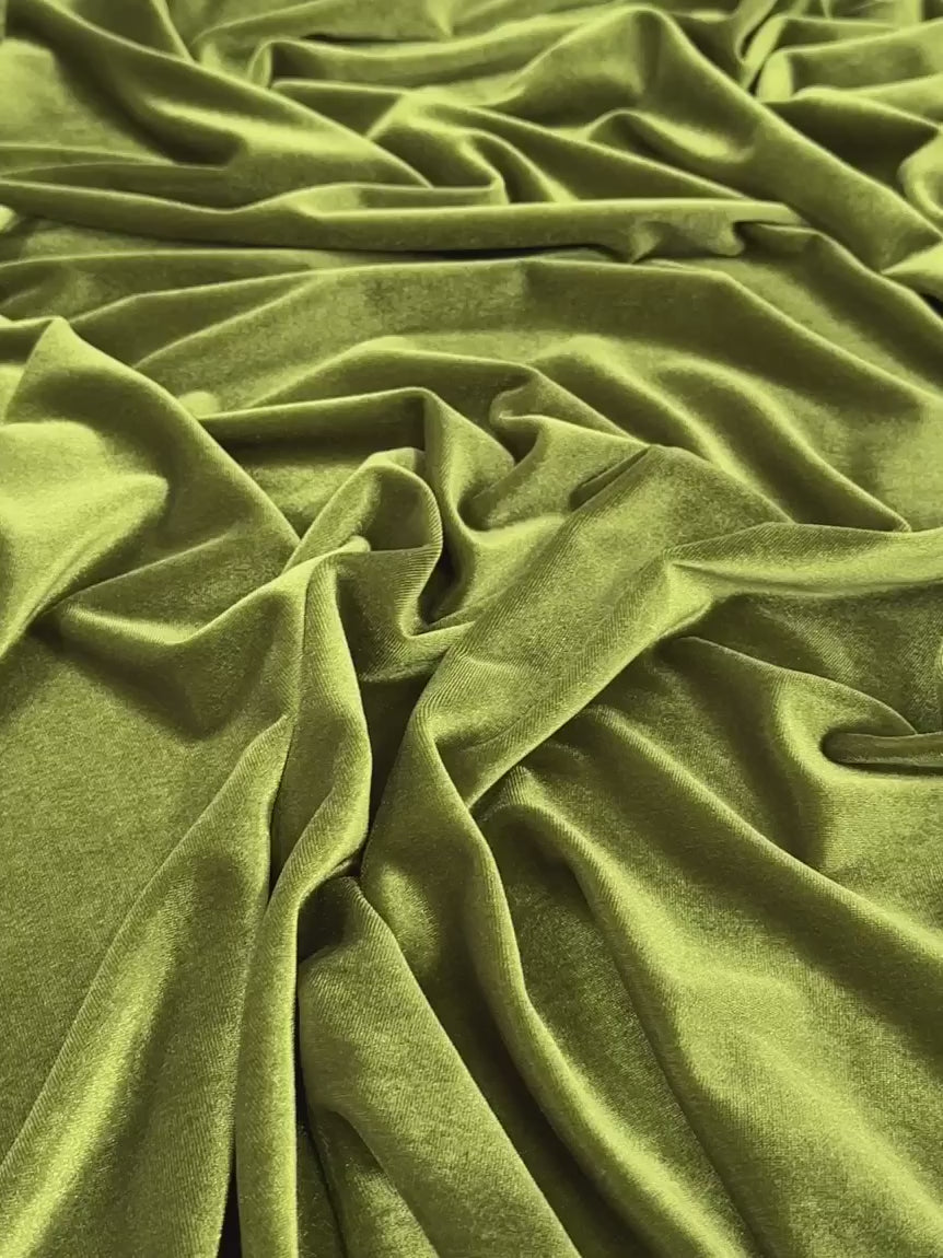 Olive stretch velvet, olive stretch velvet for gown, olive velvet for wedding, olive stretch pure velvet, mint stretch velvet for brides, green stretch fancy velvet, green color velvet for dress, olive green color stretch expensive velvet