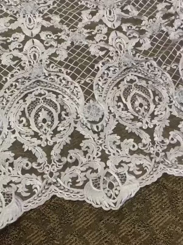 Silver Scallop Embroidery Lace, light silver Scallop Embroidery Lace, dark silver Scallop Embroidery Lace, Scallop Embroidery Lace for woman, Scallop Embroidery Lace for bride, Scallop Embroidery Lace for gown, Scallop Embroidery Lacein low price, premium Scallop Embroidery Lace, cheap Scallop Embroidery Lace