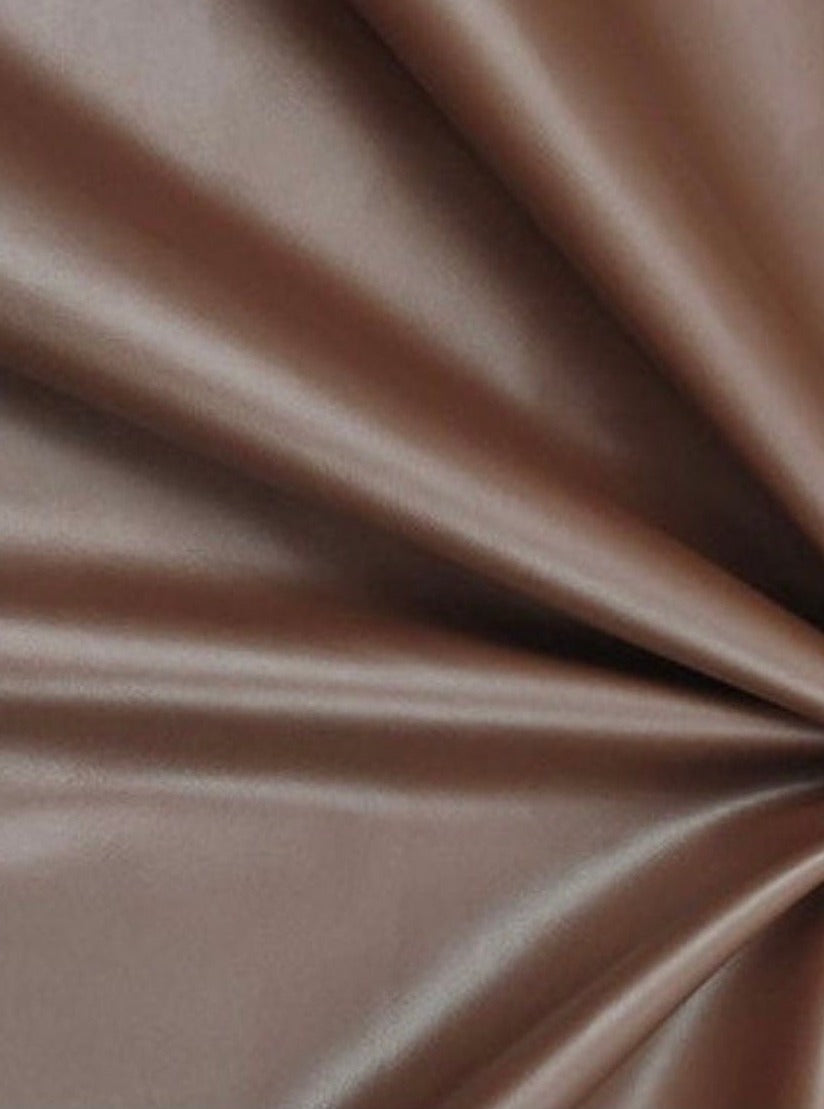Chocolate stretch faux leather, Chocolate stretch pleather, Chocolate stretch soft vinyl, Chocolate stretch vinyl, faux leather stretch for clothing, Faux Leather for jackets, Faux Leather for bags, Faux Leather on discount, Faux Leather on sale, premium Faux Leather, dark brown Faux Leather, brown Faux Leather, Faux Leather for tops, Faux Leather for leggings