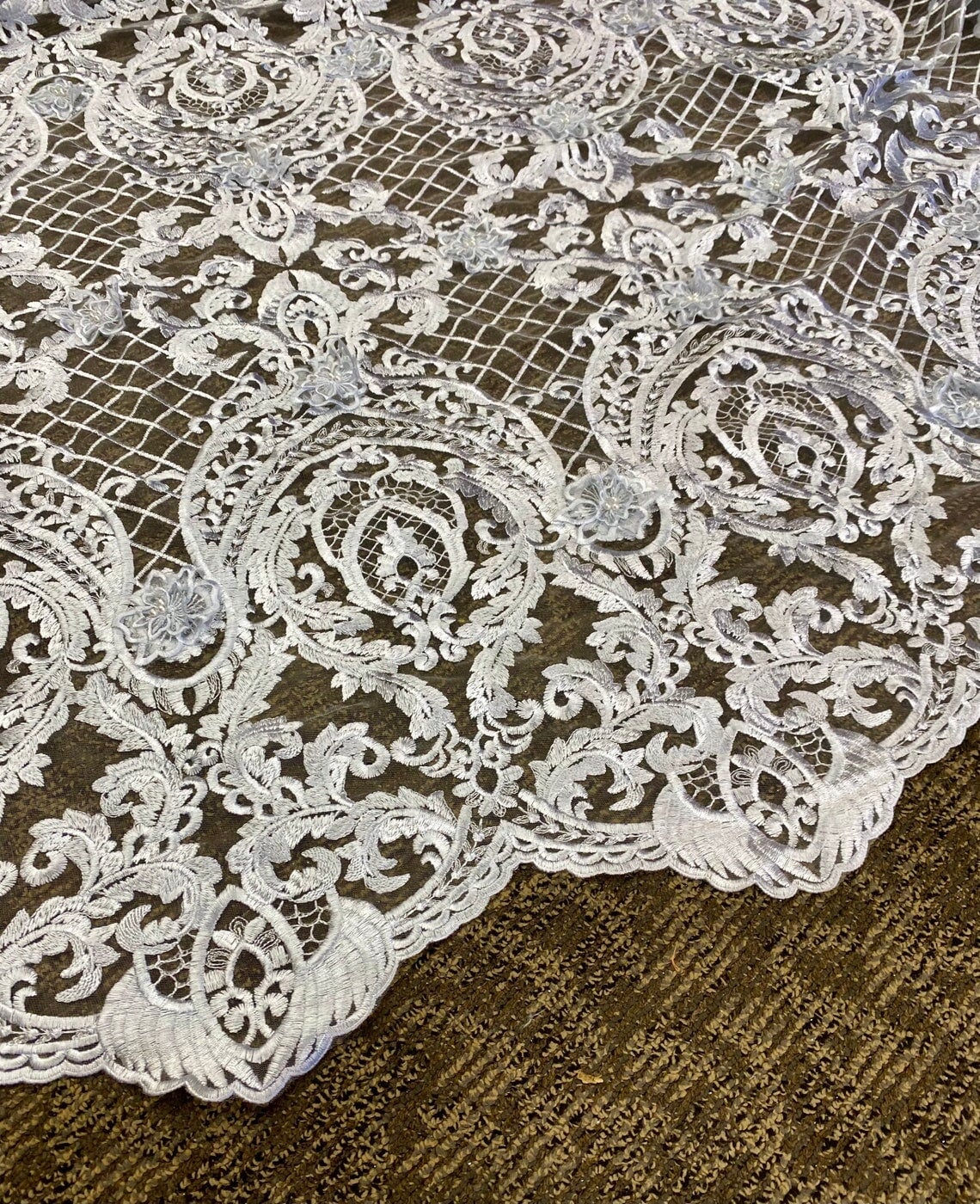 Silver Scallop Embroidery Lace, light silver Scallop Embroidery Lace, dark silver Scallop Embroidery Lace, Scallop Embroidery Lace for woman, Scallop Embroidery Lace for bride, Scallop Embroidery Lace for gown, Scallop Embroidery Lacein low price, premium Scallop Embroidery Lace, cheap Scallop Embroidery Lace