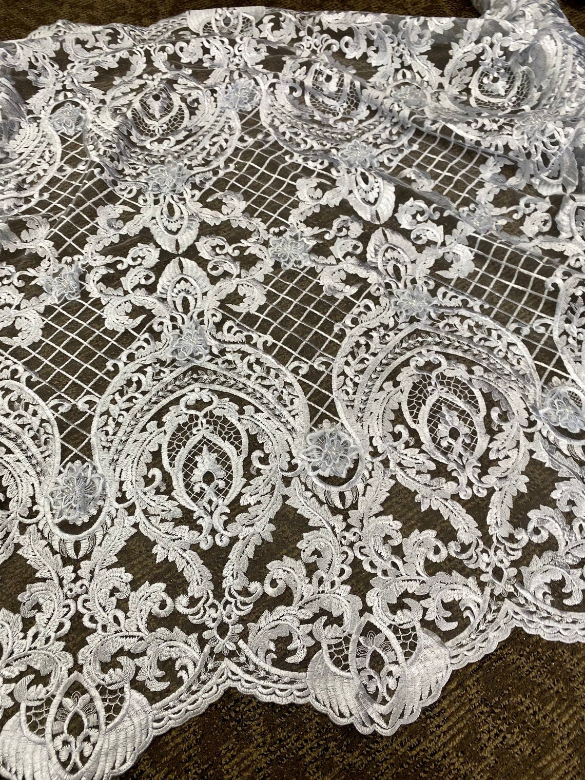 Silver Scallop Embroidery Lace, light silver Scallop Embroidery Lace, dark silver Scallop Embroidery Lace, Scallop Embroidery Lace for woman, Scallop Embroidery Lace for bride, Scallop Embroidery Lace for gown, Scallop Embroidery Lacein low price, premium Scallop Embroidery Lace, cheap Scallop Embroidery Lace