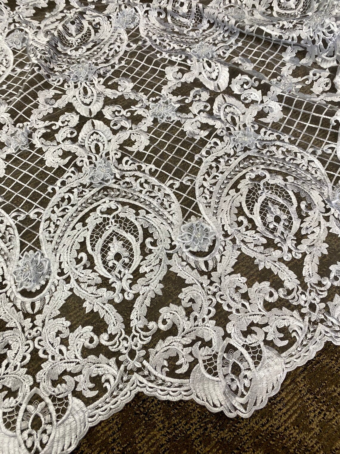Silver Scallop Embroidery Lace, light silver Scallop Embroidery Lace, dark silver Scallop Embroidery Lace, Scallop Embroidery Lace for woman, Scallop Embroidery Lace for bride, Scallop Embroidery Lace for gown, Scallop Embroidery Lacein low price, premium Scallop Embroidery Lace, cheap Scallop Embroidery Lace