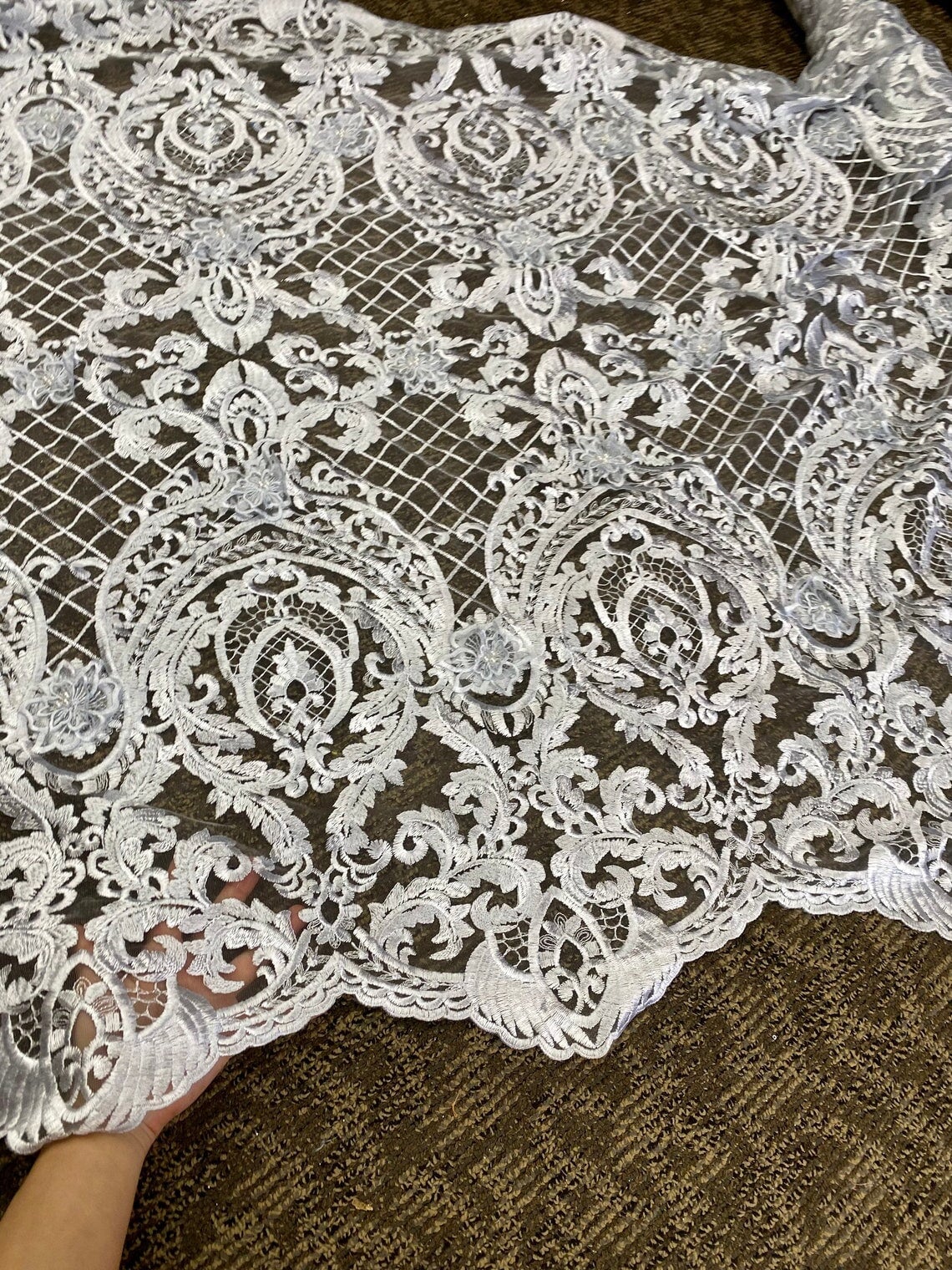 Silver Scallop Embroidery Lace, light silver Scallop Embroidery Lace, dark silver Scallop Embroidery Lace, Scallop Embroidery Lace for woman, Scallop Embroidery Lace for bride, Scallop Embroidery Lace for gown, Scallop Embroidery Lacein low price, premium Scallop Embroidery Lace, cheap Scallop Embroidery Lace