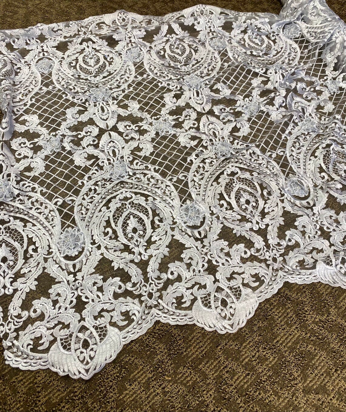 Silver Scallop Embroidery Lace, light silver Scallop Embroidery Lace, dark silver Scallop Embroidery Lace, Scallop Embroidery Lace for woman, Scallop Embroidery Lace for bride, Scallop Embroidery Lace for gown, Scallop Embroidery Lacein low price, premium Scallop Embroidery Lace, cheap Scallop Embroidery Lace