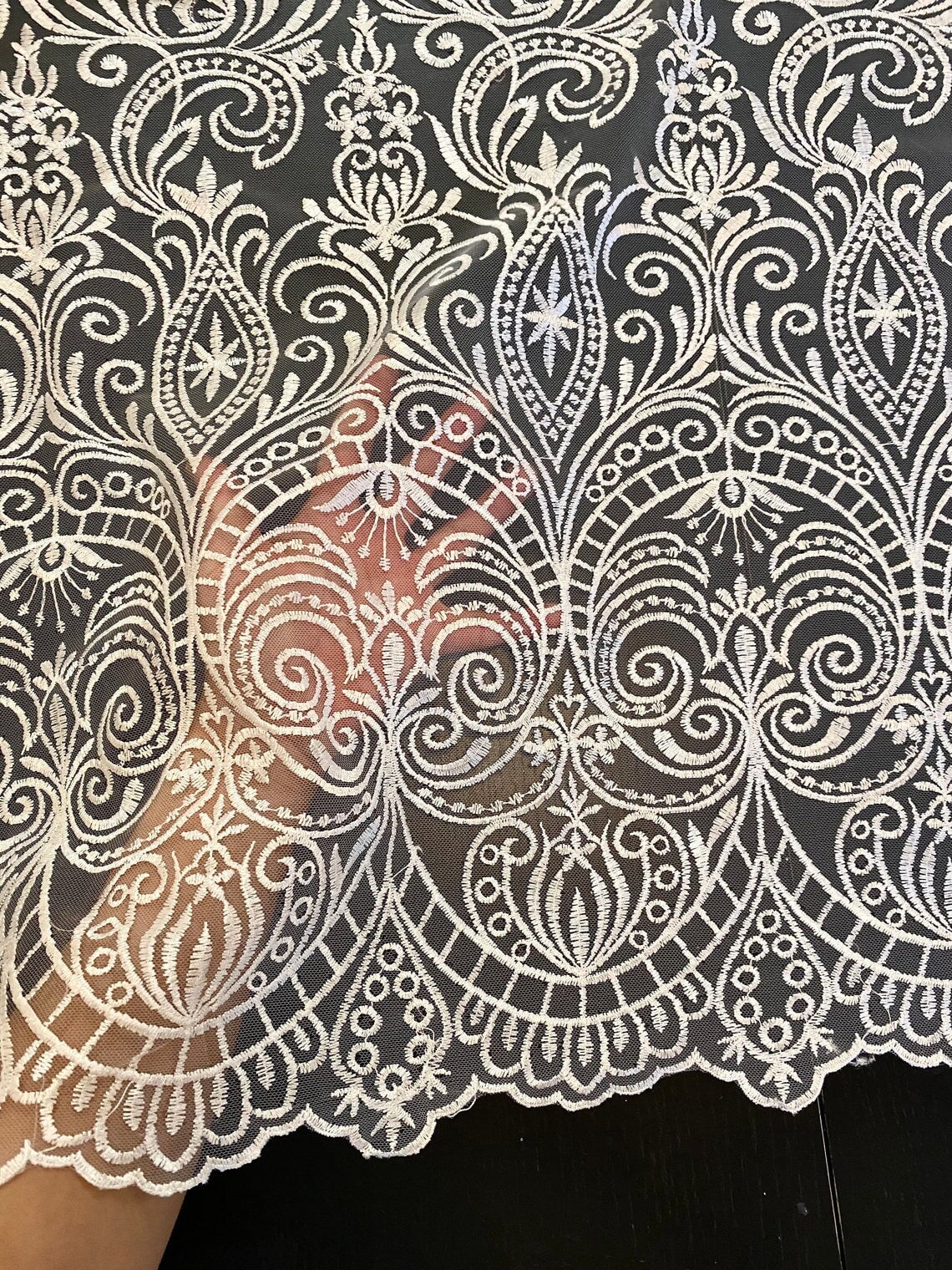 White Embroidered Lace, off white Embroidered Lace for gown, Bridal Lace Fabric, Scalloped lace, Floral Lace double edged, lace fabric on discount, lace fabric on sale, premium lace fabric, buy lace fabric online, glitter lace fabric