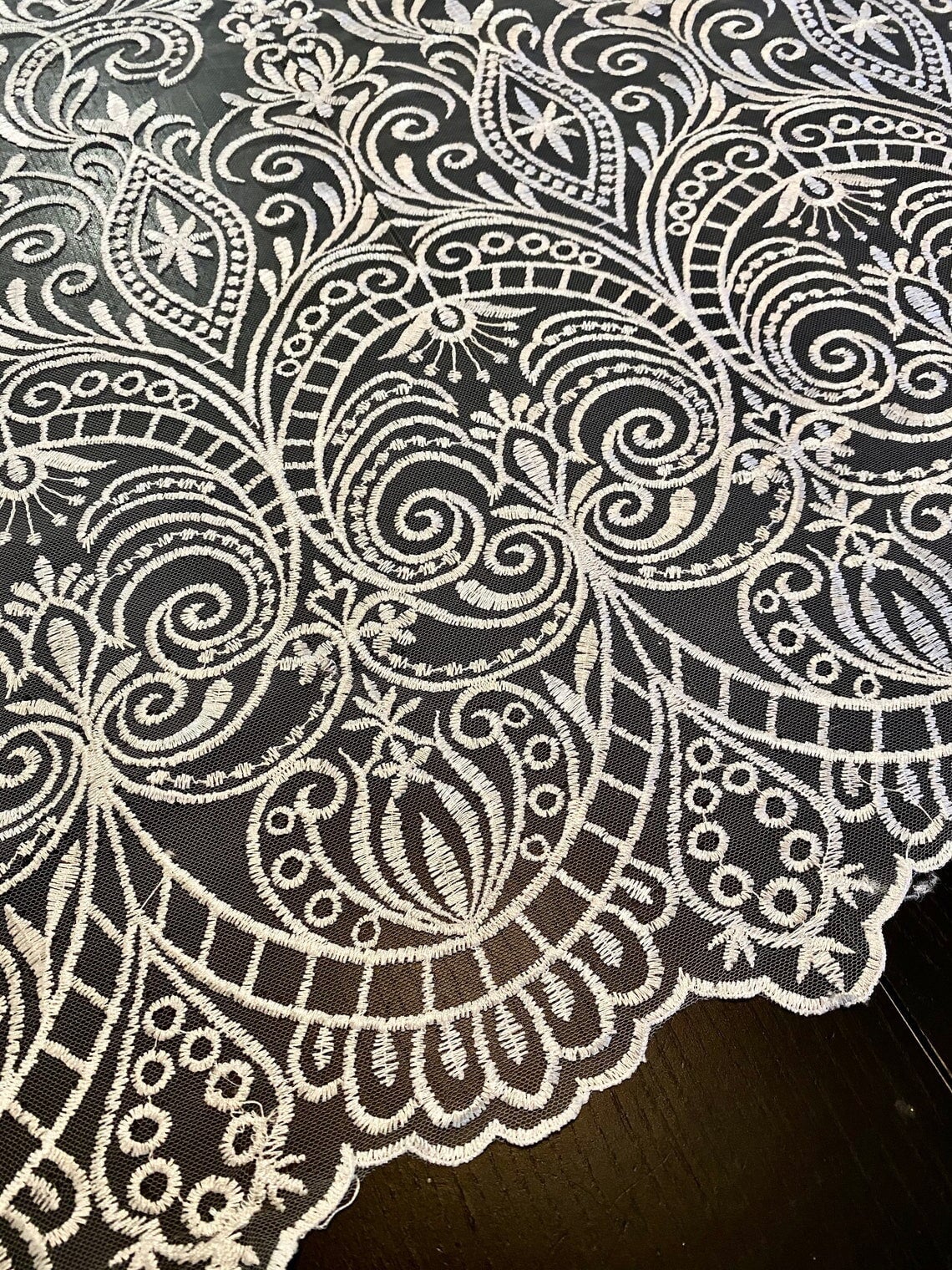 White Embroidered Lace, off white Embroidered Lace for gown, Bridal Lace Fabric, Scalloped lace, Floral Lace double edged, lace fabric on discount, lace fabric on sale, premium lace fabric, buy lace fabric online, glitter lace fabric