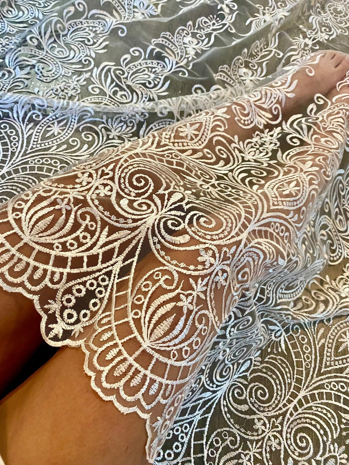 White Embroidered Lace, off white Embroidered Lace for gown, Bridal Lace Fabric, Scalloped lace, Floral Lace double edged, lace fabric on discount, lace fabric on sale, premium lace fabric, buy lace fabric online, glitter lace fabric