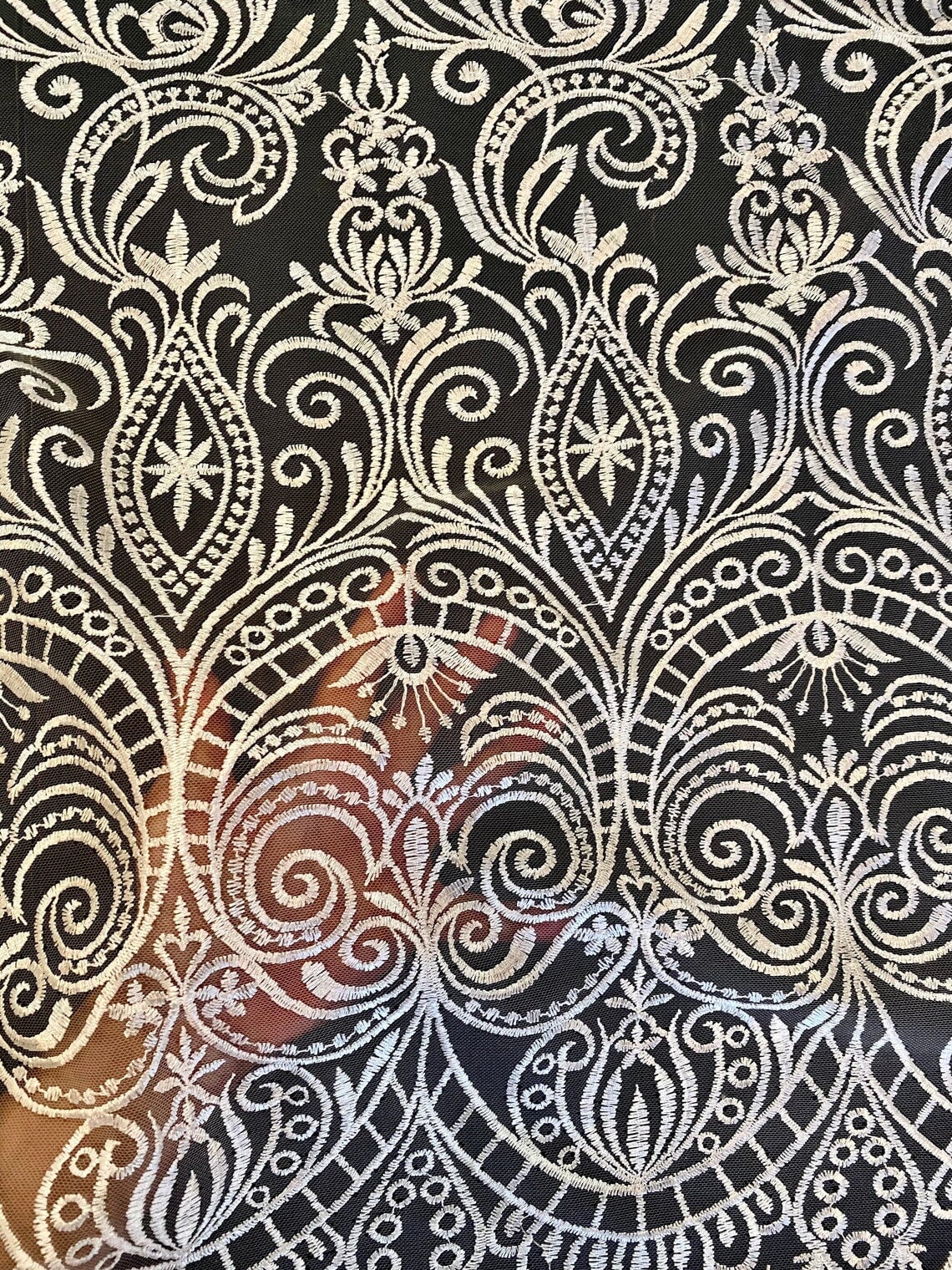 White Embroidered Lace, off white Embroidered Lace for gown, Bridal Lace Fabric, Scalloped lace, Floral Lace double edged, lace fabric on discount, lace fabric on sale, premium lace fabric, buy lace fabric online, glitter lace fabric