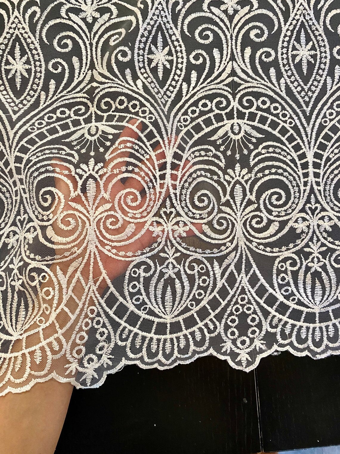 White Embroidered Lace, off white Embroidered Lace for gown, Bridal Lace Fabric, Scalloped lace, Floral Lace double edged, lace fabric on discount, lace fabric on sale, premium lace fabric, buy lace fabric online, glitter lace fabric