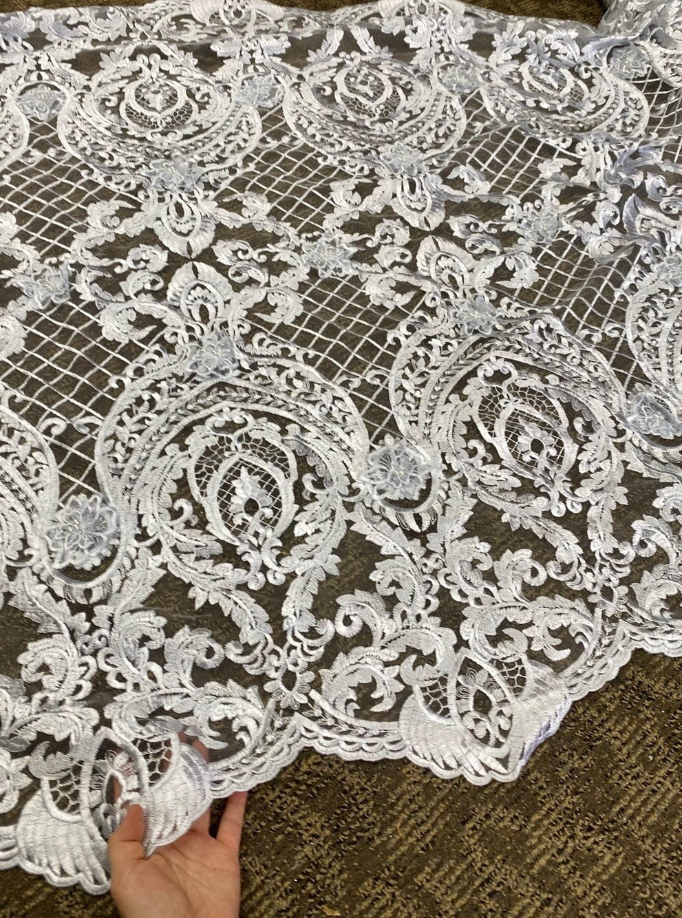 Silver Scallop Embroidery Lace, light silver Scallop Embroidery Lace, dark silver Scallop Embroidery Lace, Scallop Embroidery Lace for woman, Scallop Embroidery Lace for bride, Scallop Embroidery Lace for gown, Scallop Embroidery Lacein low price, premium Scallop Embroidery Lace, cheap Scallop Embroidery Lace