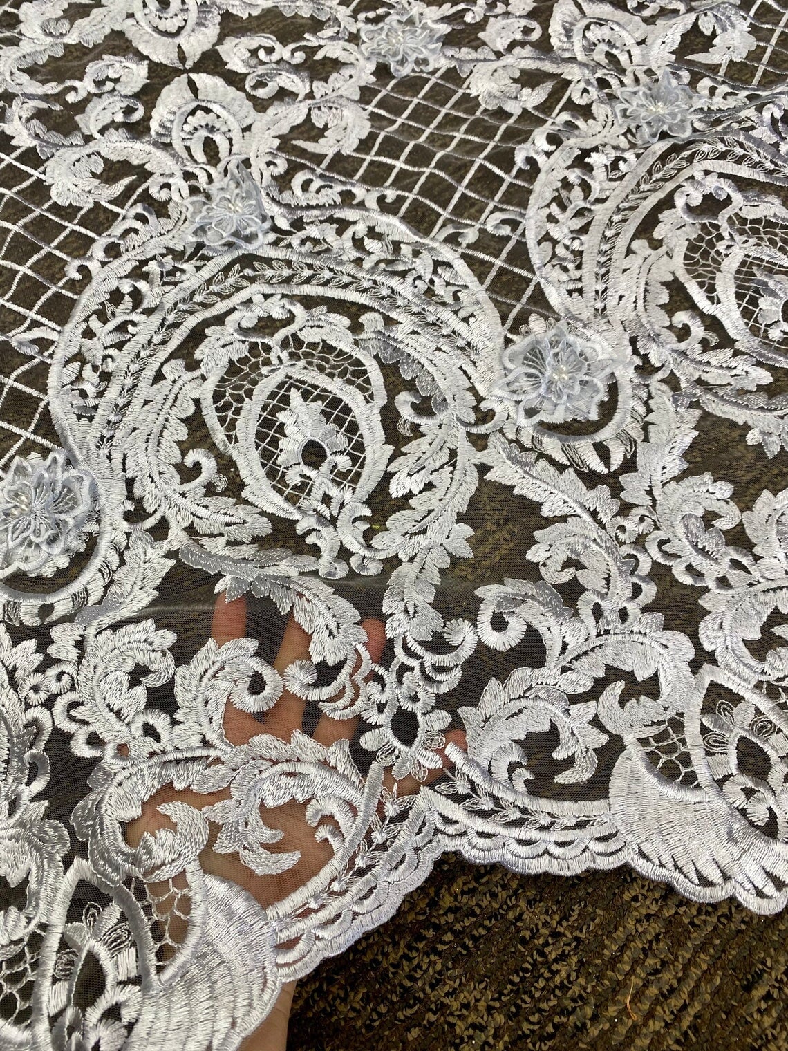 Silver Scallop Embroidery Lace, light silver Scallop Embroidery Lace, dark silver Scallop Embroidery Lace, Scallop Embroidery Lace for woman, Scallop Embroidery Lace for bride, Scallop Embroidery Lace for gown, Scallop Embroidery Lacein low price, premium Scallop Embroidery Lace, cheap Scallop Embroidery Lace