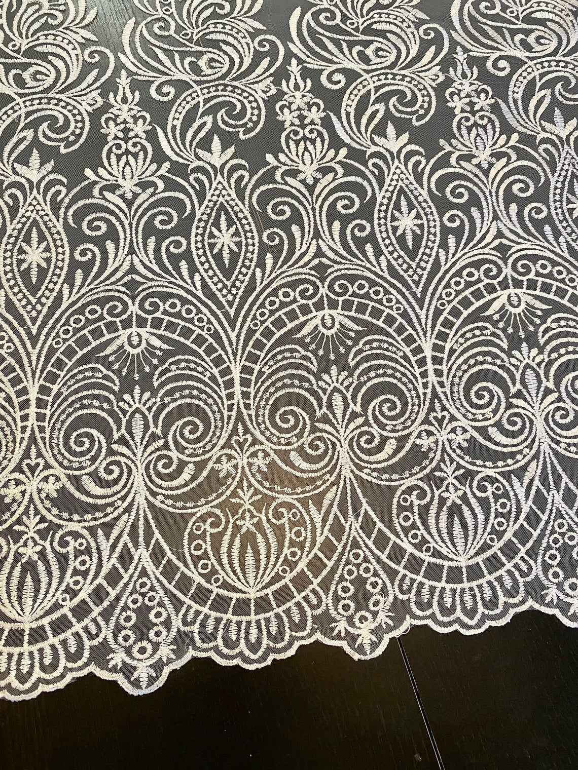 White Embroidered Lace, off white Embroidered Lace for gown, Bridal Lace Fabric, Scalloped lace, Floral Lace double edged, lace fabric on discount, lace fabric on sale, premium lace fabric, buy lace fabric online, glitter lace fabric